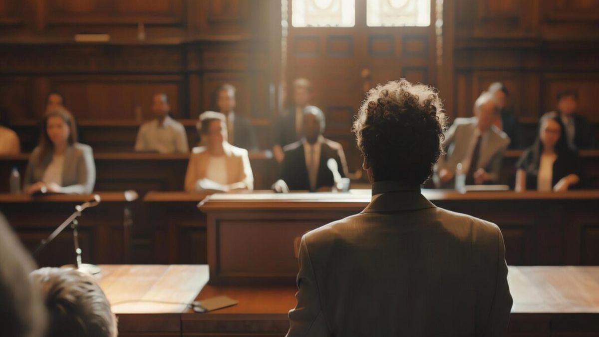 A legal defense attorney stands before a courtroom, with a crowd in the background, highlighting the importance of legal advocacy.