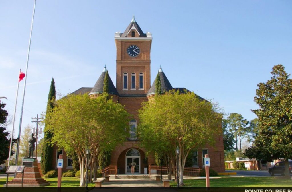 Facade of the parish courthouse in Pointe Coupee Parish, LA