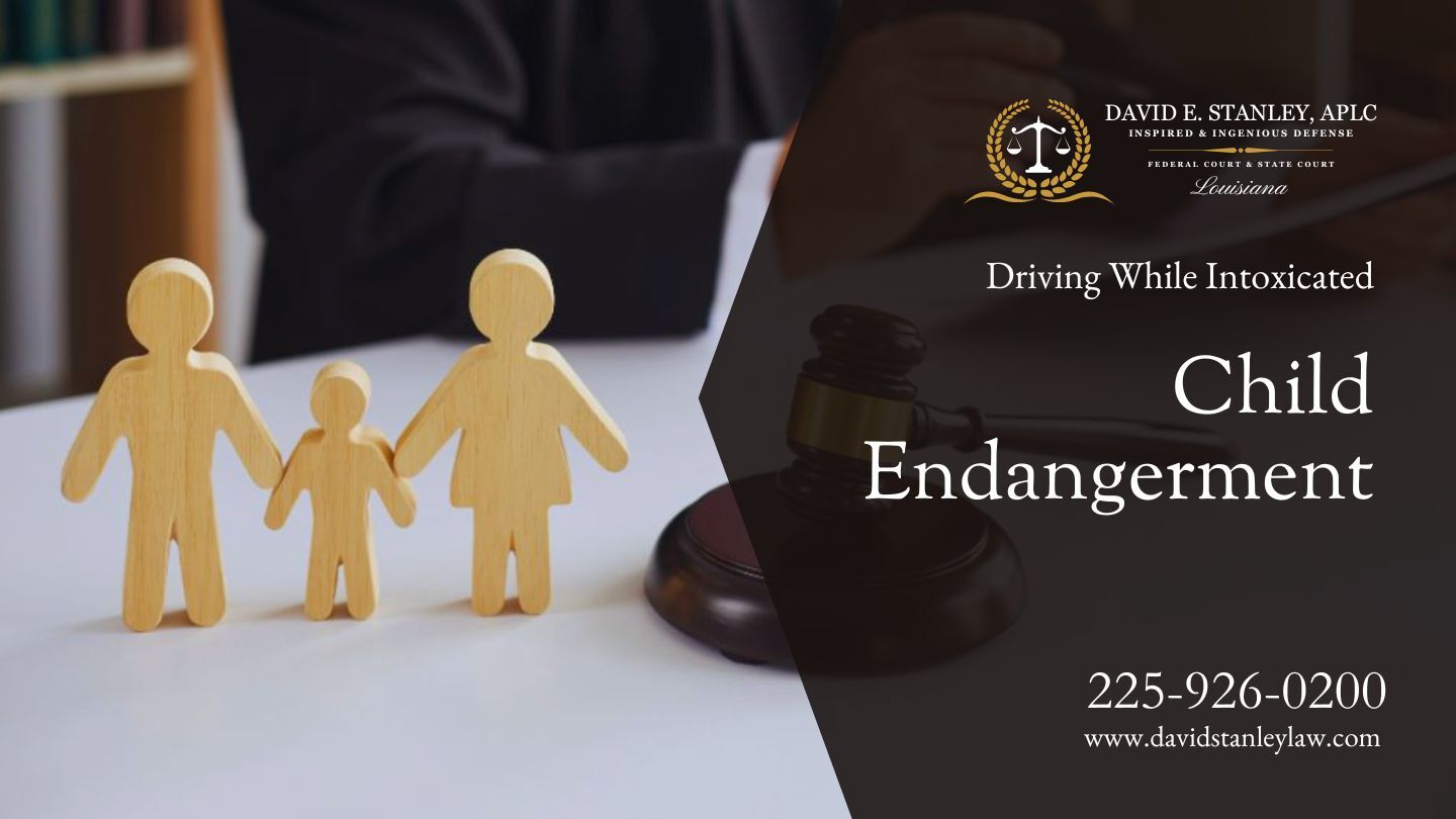 Wooden figurines of a family stand before a judge's gavel. A child endangerment lawyer reviews documents in the background, representing legal proceedings in family and child endangerment cases.