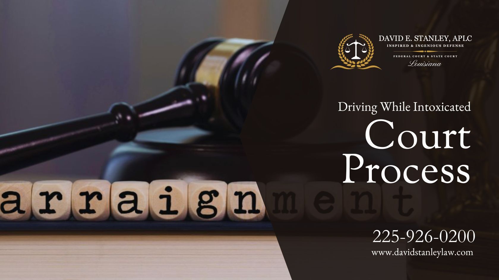 Wooden blocks spelling 'arraignment' placed on a book, with a judge's gavel and Lady Justice statue in the background, symbolizing the arraignment stage in the court process.