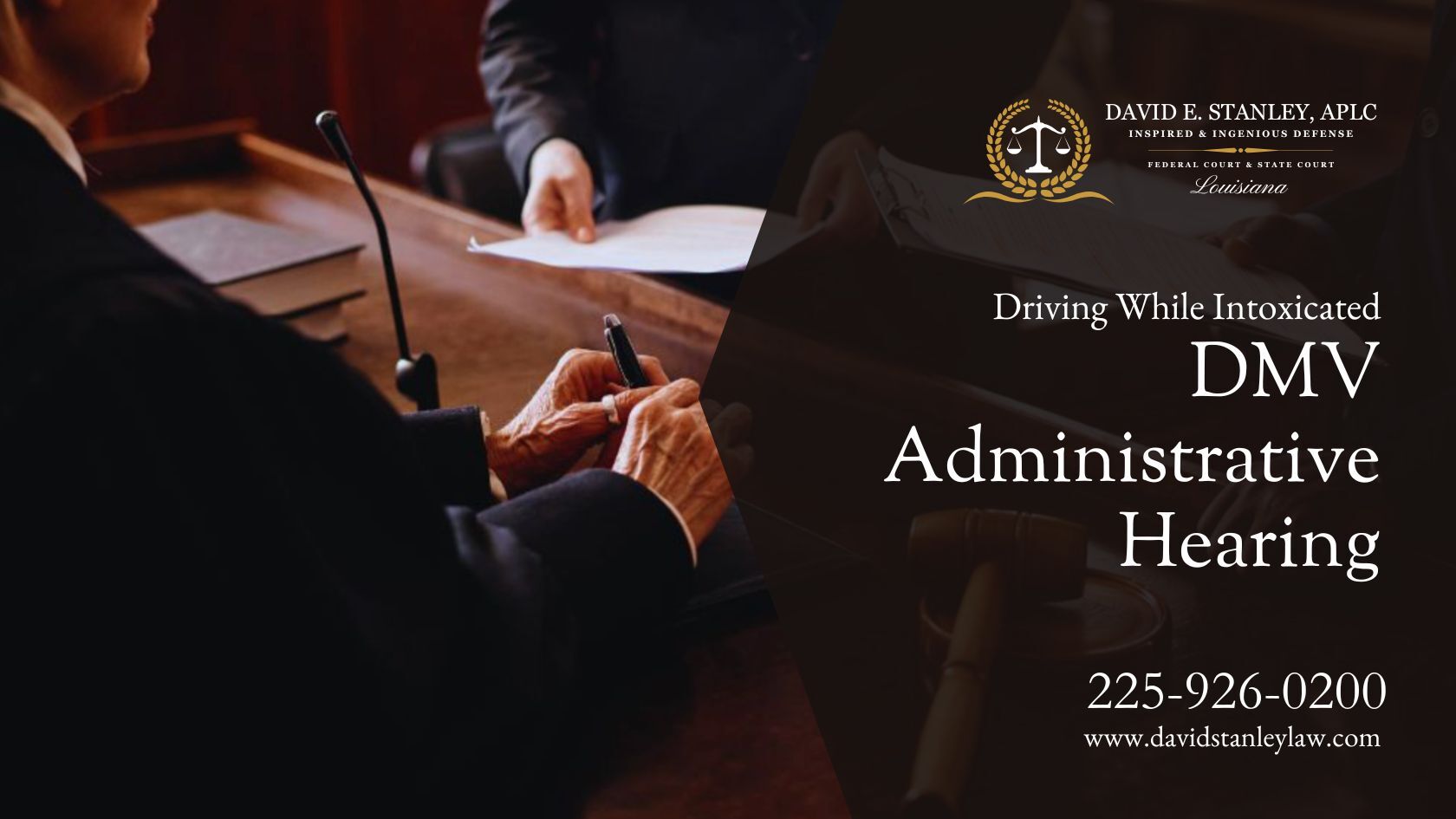 A courtroom scene featuring a judge in a black robe signing a document while two individuals, possibly attorneys or legal representatives, present paperwork on a clipboard. A wooden gavel rests on the desk, symbolizing legal proceedings. The setting suggests a formal administrative or judicial hearing.