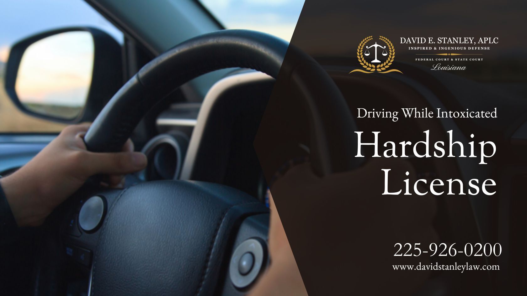 A person grips the steering wheel while driving a car, focused on the road ahead during a hardship license period.