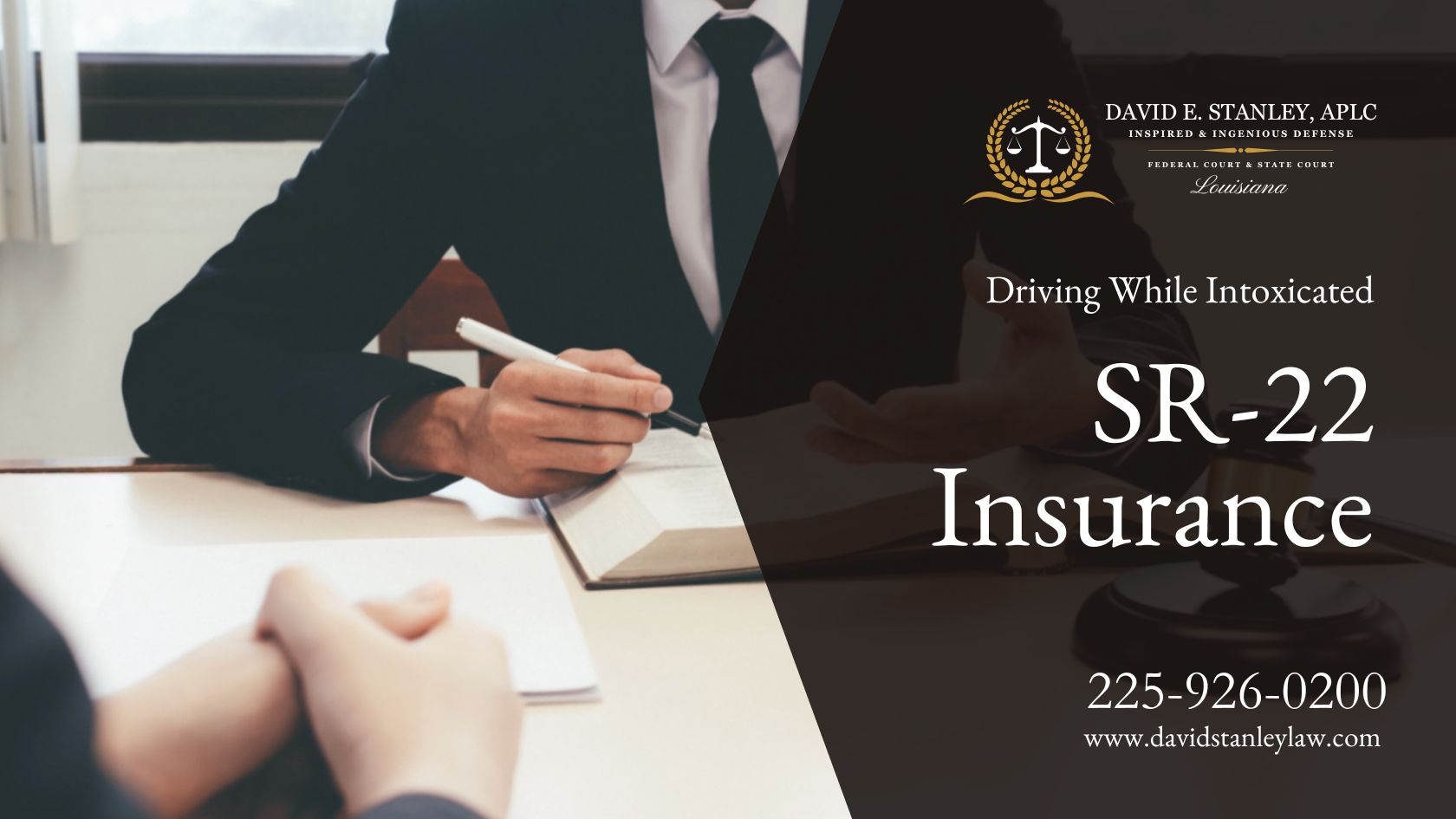 A DWI lawyer sits at a desk, giving counsel on SR-22 insurance after a DWI arrest.