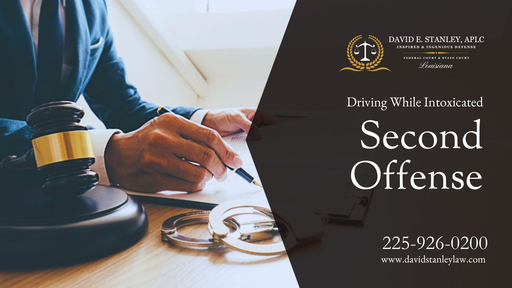 Close-up of a DWI – second offense defense lawyer in a suit reviewing legal documents at a desk, with a gavel and handcuffs nearby.