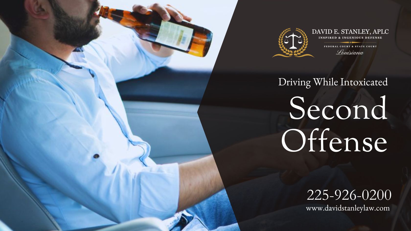 A man in a light blue shirt drinks from a beer bottle while driving, highlighting the risks of impaired driving.