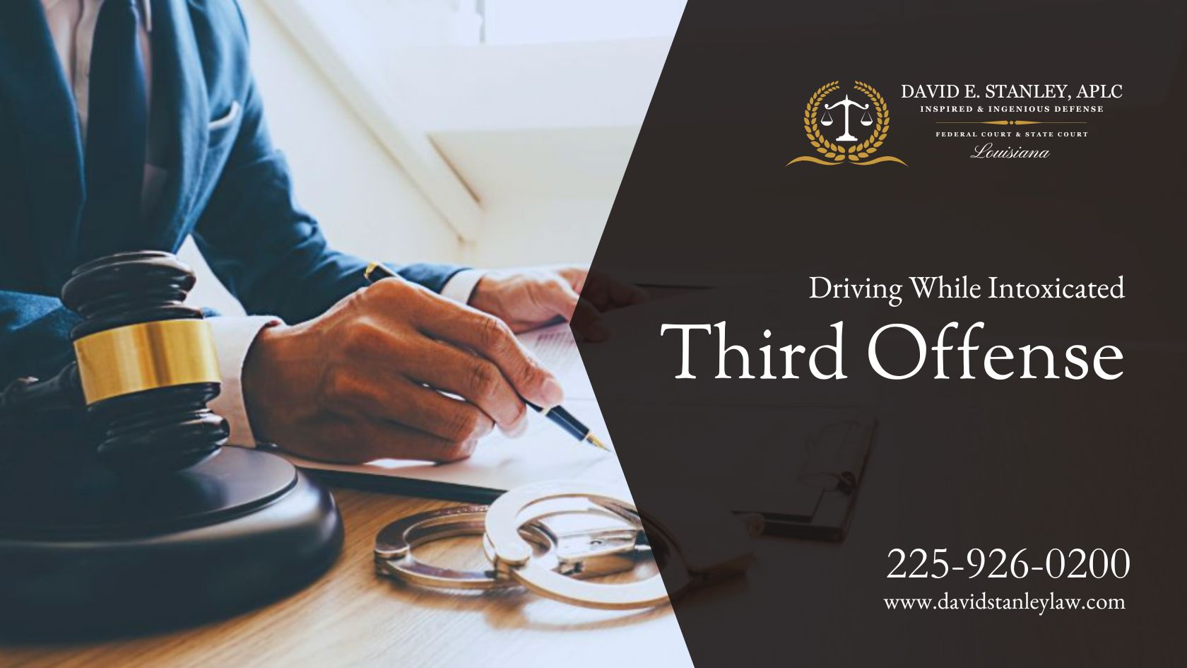 A defense lawyer reviews legal documents at a desk, with a gavel, handcuffs, and a clipboard nearby, symbolizing a legal defense for a third offense DWI in Baton Rouge, LA.