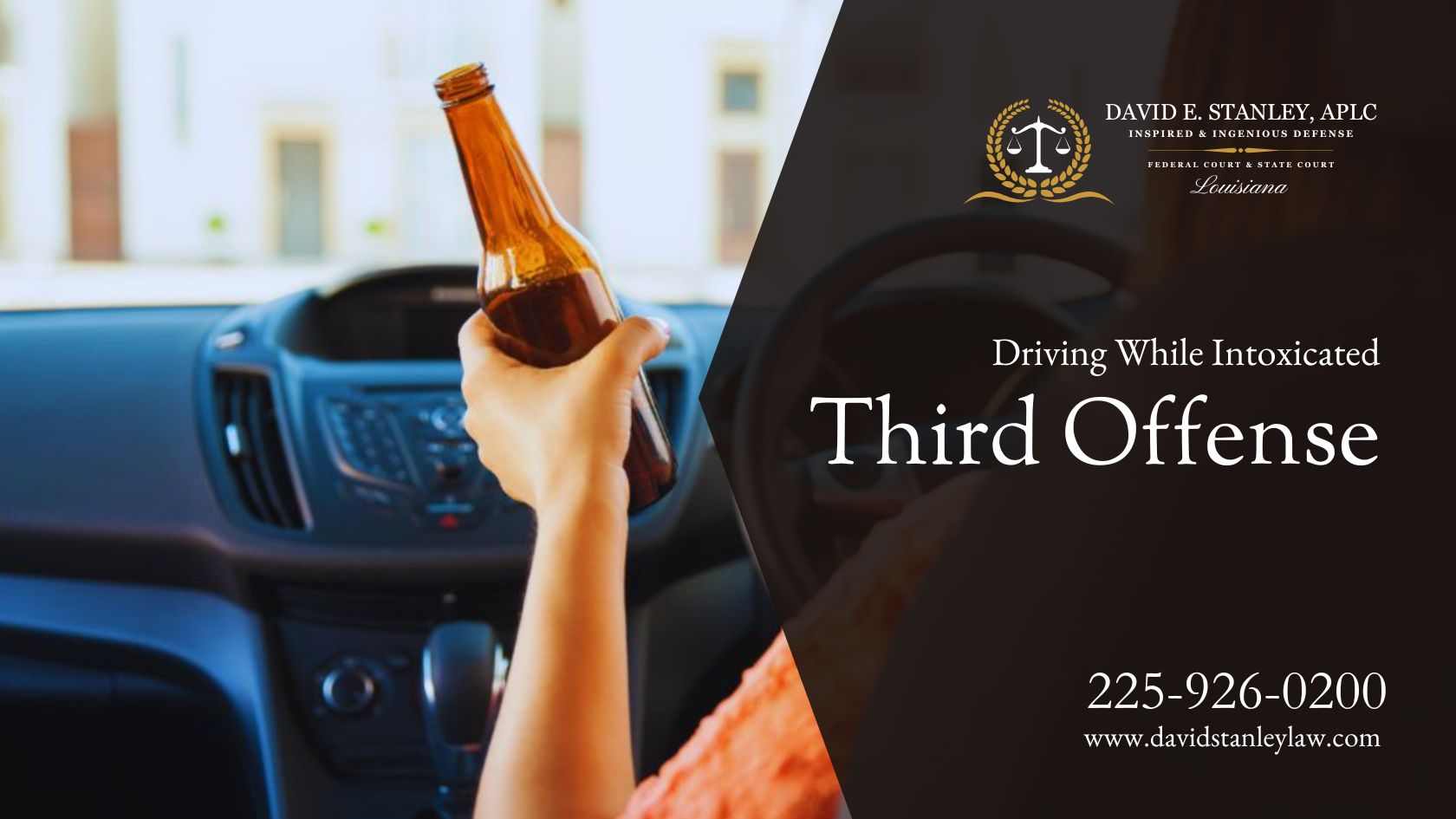 Driver holding a beer bottle inside a car, representing the serious consequences of a third DWI offense.