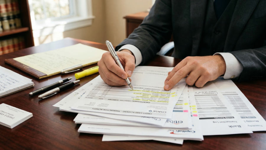 A defense attorney meticulously reviewing credit card statements and financial records to identify evidence for a credit card abuse case.