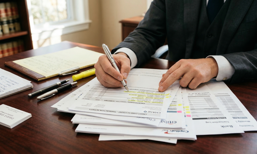 A defense attorney meticulously reviewing credit card statements and financial records to identify evidence for a credit card abuse case.