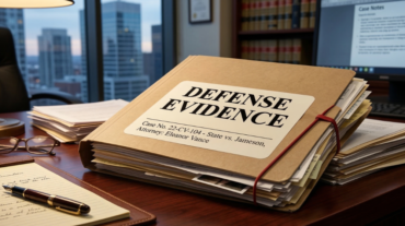 A thick folder labeled "Defense Evidence" on a desk, related to a vehicular homicide case.