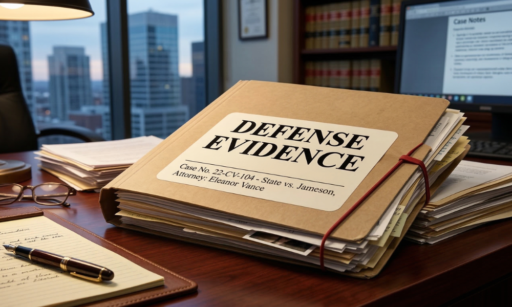 A thick folder labeled "Defense Evidence" on a desk, related to a vehicular homicide case.