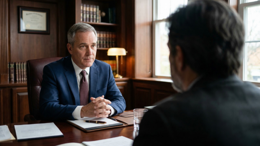 A private legal consultation between a defense lawyer and a client, emphasizing confidentiality and expert legal guidance.