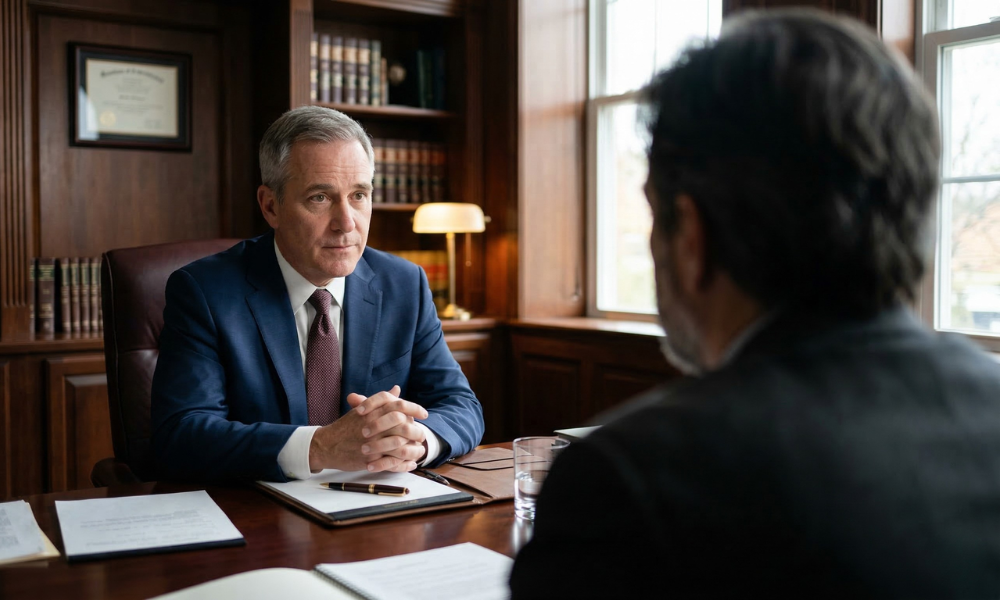 A private legal consultation between a defense lawyer and a client, emphasizing confidentiality and expert legal guidance.