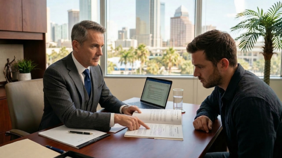 A Florida child molestation attorney providing a personalized legal consultation to a client in a professional law office setting.