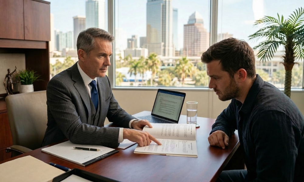 A Florida child molestation attorney providing a personalized legal consultation to a client in a professional law office setting.