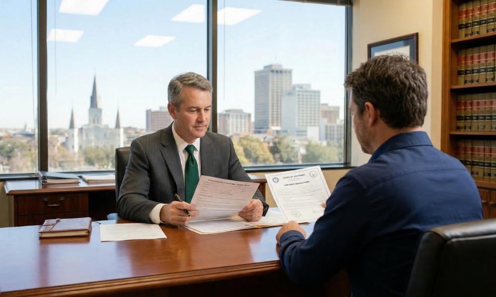A Baton Rouge DWI lawyer reviewing arrest documents and evidence with a client to build a strategic defense.