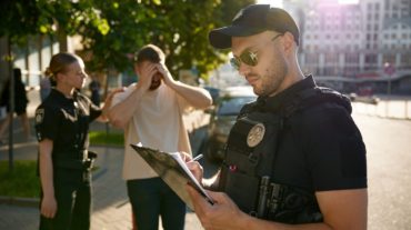 Policeman filling out offense form, while policewoman calming down upset male citizen victim after unfortunate incident on city street