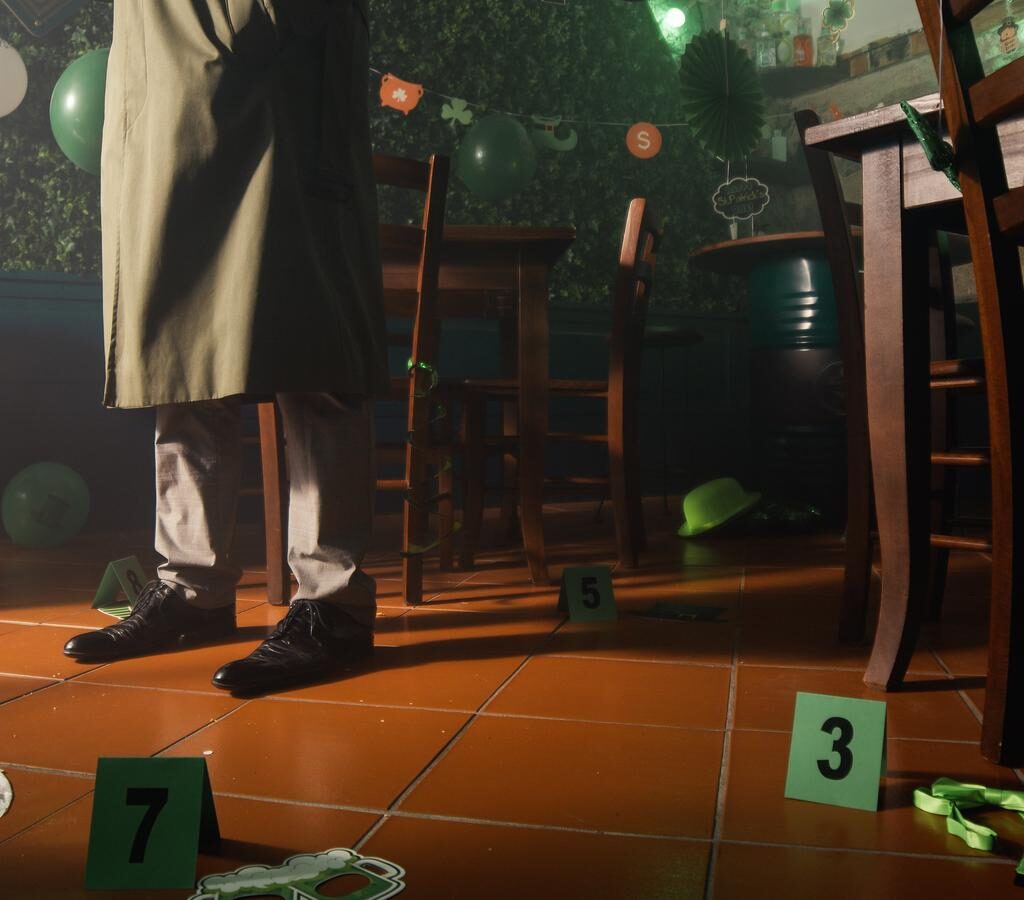 Crime scene with numbered evidence markers in a homicide investigation