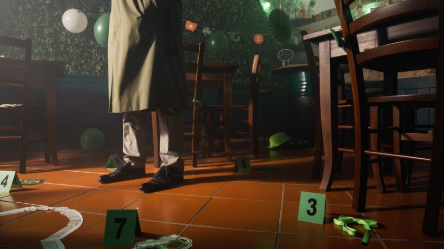 Crime scene with numbered evidence markers in a homicide investigation